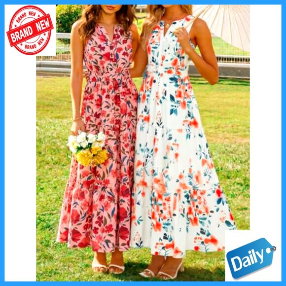 Sleeveless Midi Dress Flowy A-Line Elastic High Waist Summer Casual - Picture 6 of 7